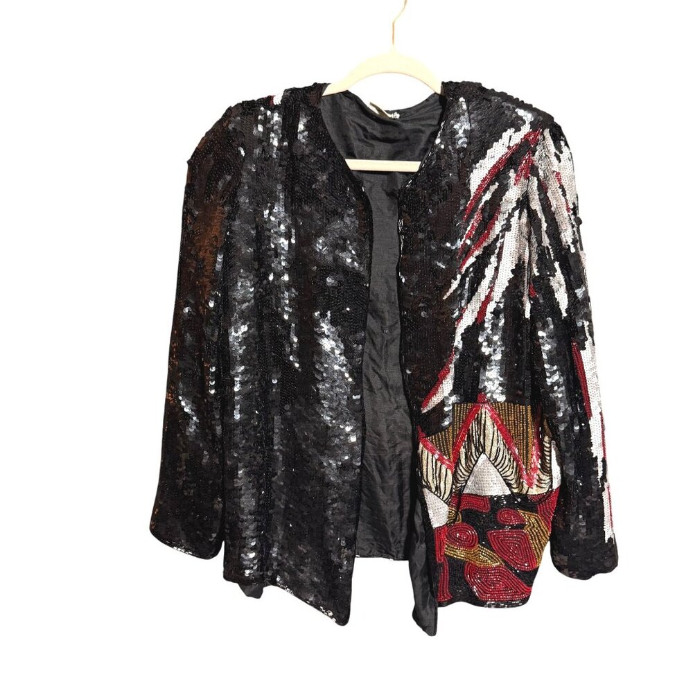 Pure Silk Garments Embellished Sequin Evening Open Front Jacket Women Black